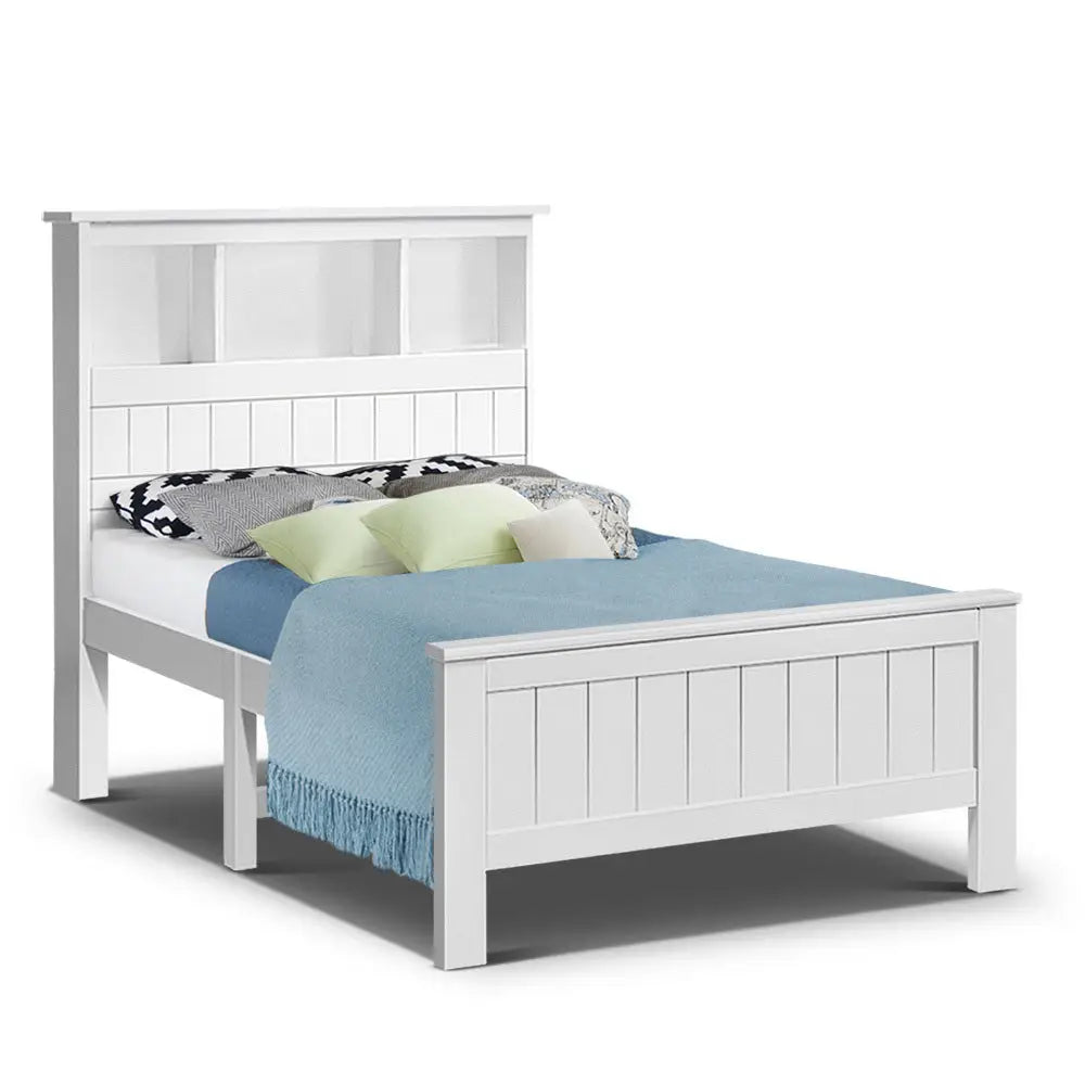 Artiss Bed Frame King Single Size Wooden with 3 Shelves White - Furniture > Bedroom