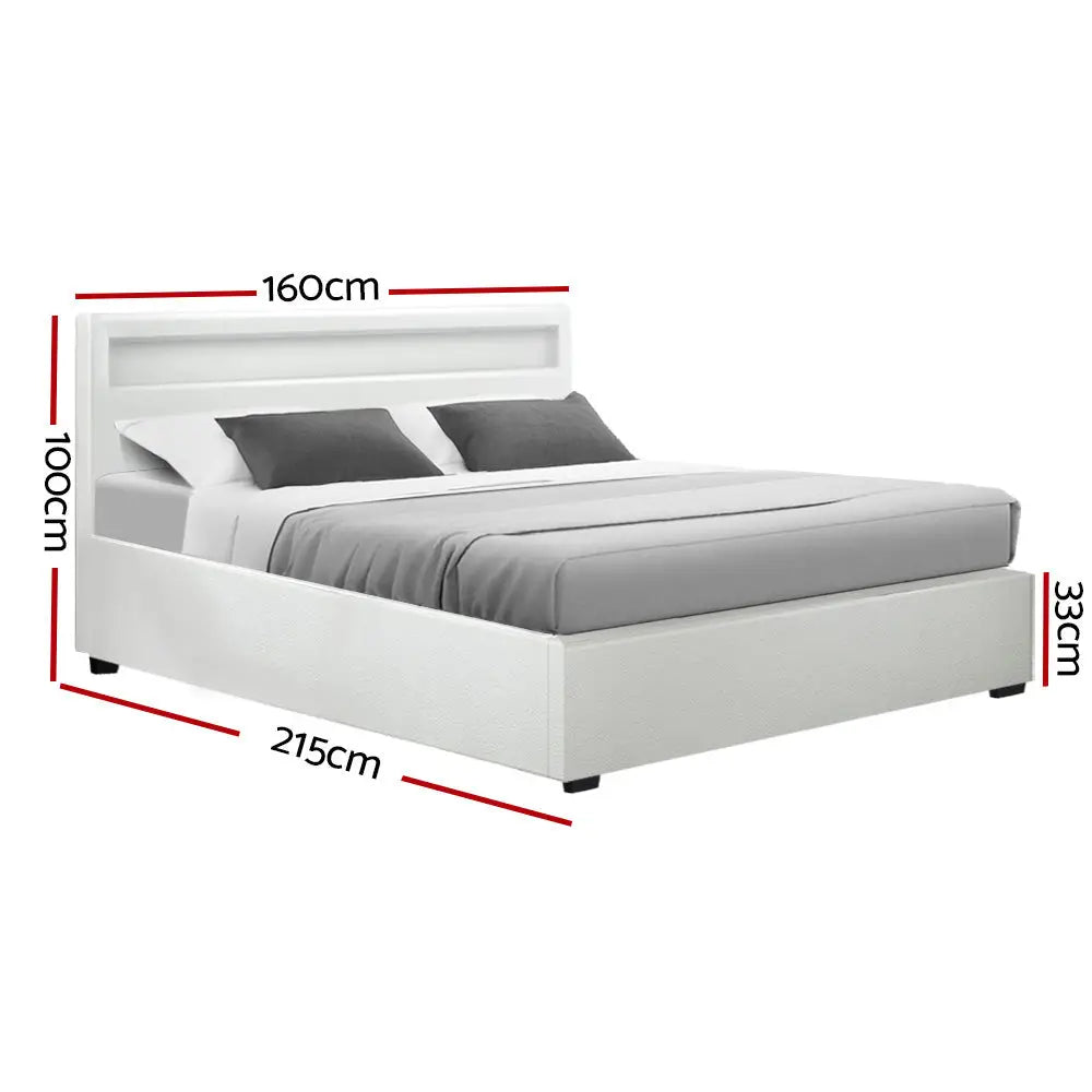 Artiss Bed Frame Queen Size LED Gas Lift White COLE - Furniture > Bedroom