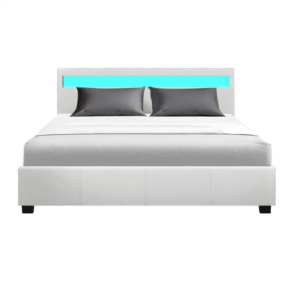 Artiss Bed Frame Queen Size LED Gas Lift White COLE - Furniture > Bedroom