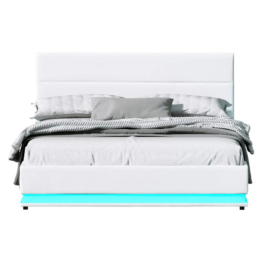 Artiss Bed Frame Queen Size LED Gas Lift White LUMI - Furniture > Bedroom