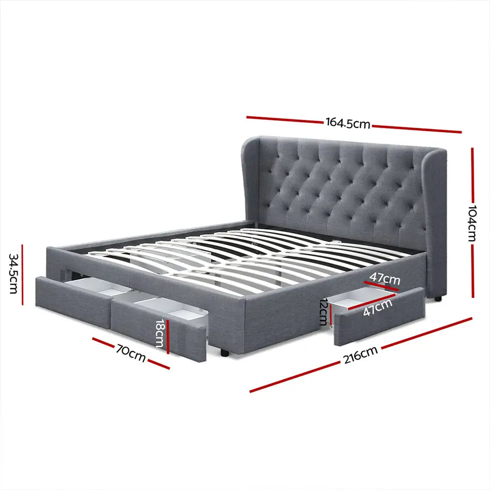 Artiss Bed Frame Queen Size with 4 Drawers Grey MILA - Furniture > Bedroom > Beds & Bed Frames