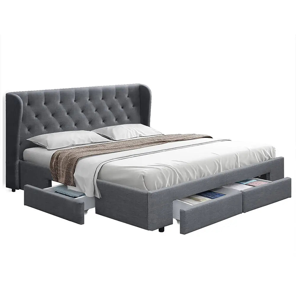 Artiss Bed Frame Queen Size with 4 Drawers Grey MILA - Furniture > Bedroom > Beds & Bed Frames
