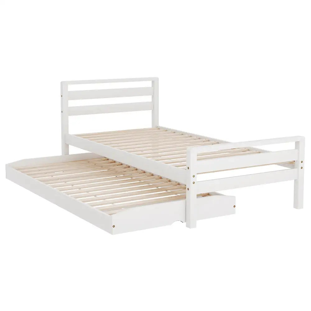 Artiss Bed Frame Single Size 2-in-1 Trundle Wooden White AVIS - Furniture > Bedroom > Beds & Bed Frames