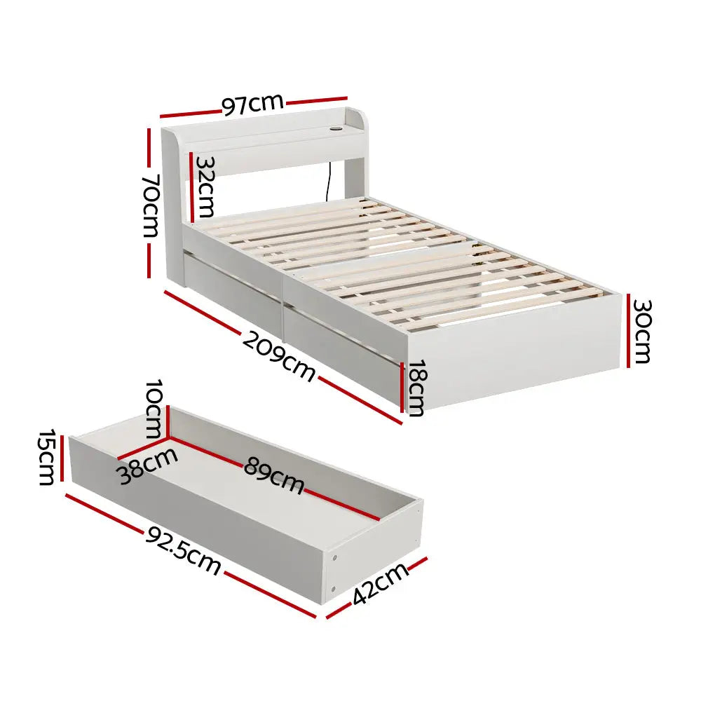Artiss Bed Frame Single Size Mattress Base wtih Charging Ports 2 Storage Drawers - Furniture > Bedroom > Beds & Bed