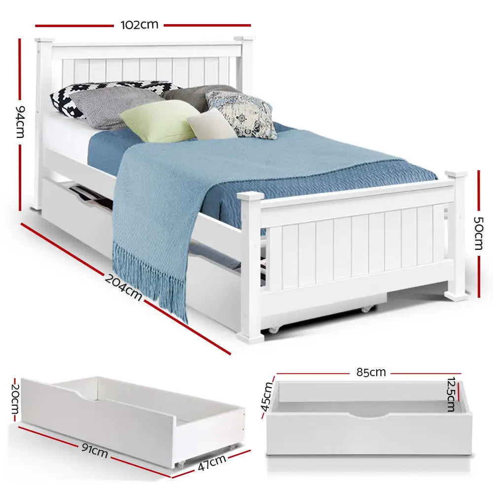 Artiss Bed Frame Single Size Wooden with 2 Drawers White RIO - Furniture > Bedroom