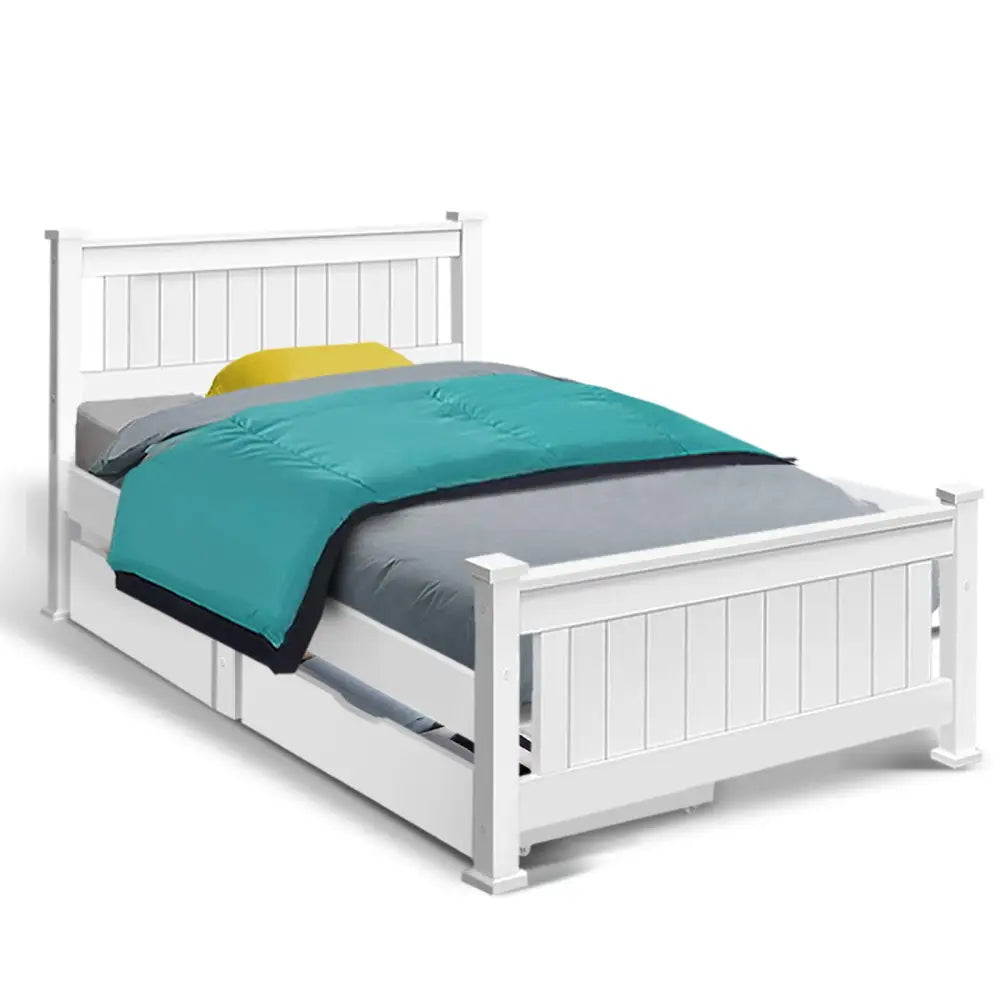 Artiss Bed Frame Single Size Wooden with 2 Drawers White RIO - Furniture > Bedroom