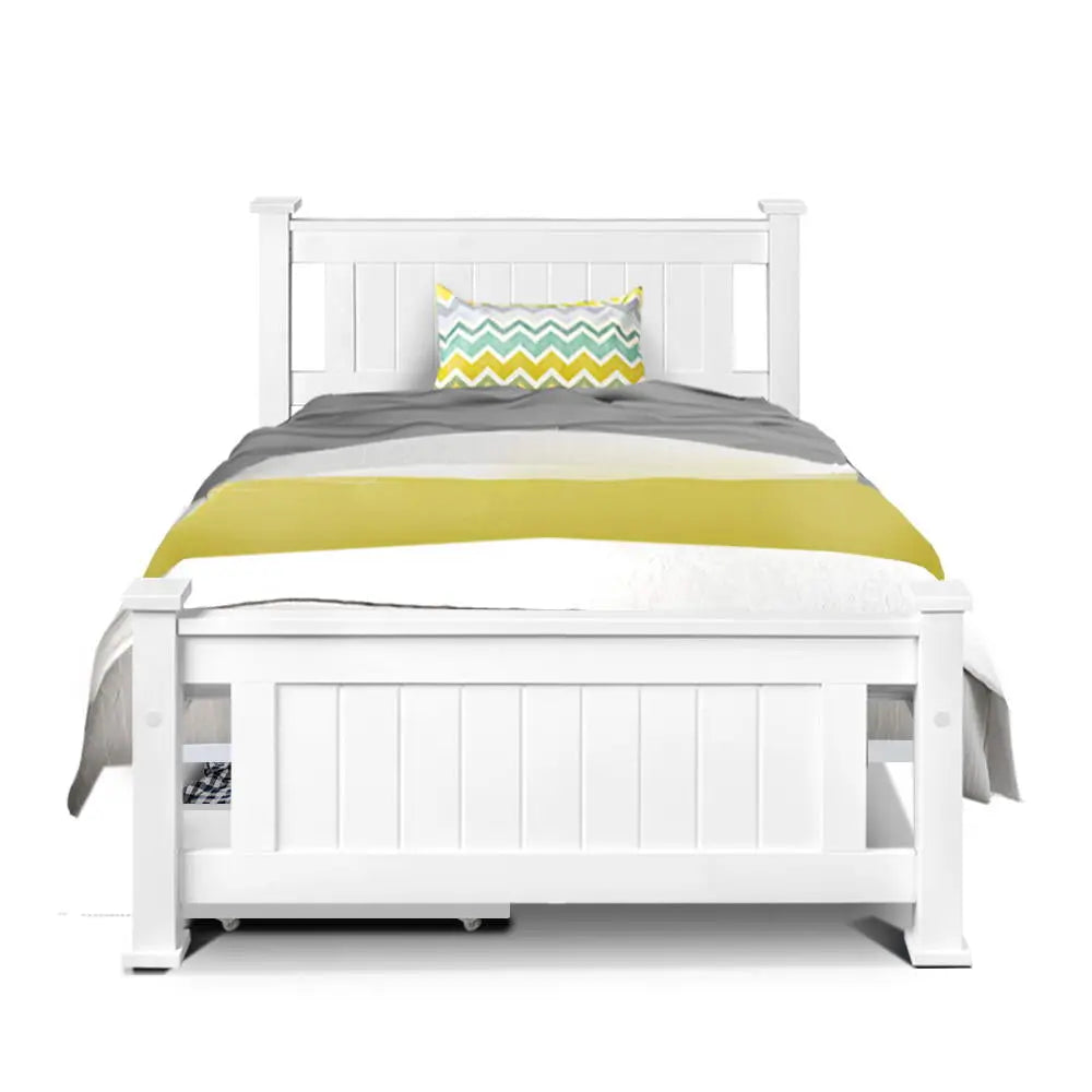 Artiss Bed Frame Single Size Wooden with 2 Drawers White RIO - Furniture > Bedroom