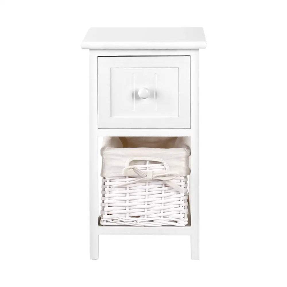 Artiss Bedside Table 1 Drawer with Basket Rustic White X2 - Furniture > Bedroom
