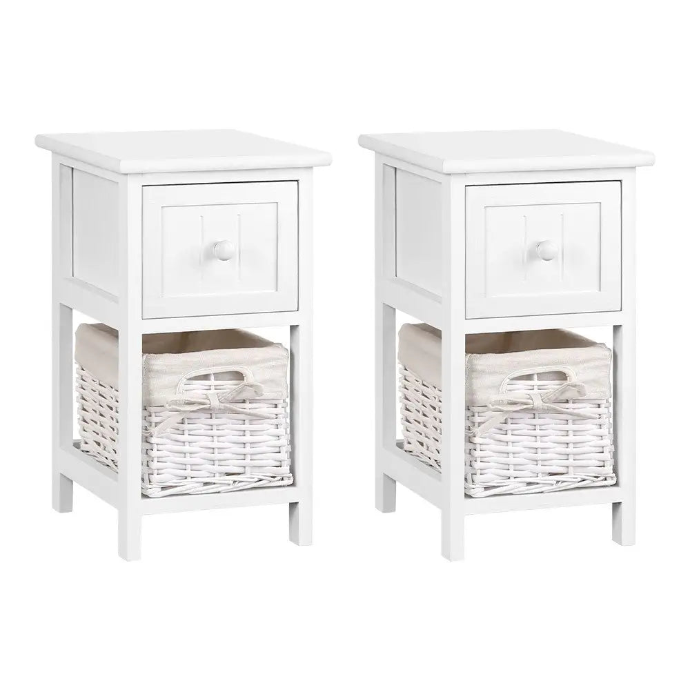 Artiss Bedside Table 1 Drawer with Basket Rustic White X2 - Furniture > Bedroom