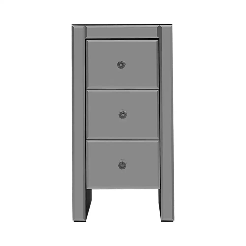 Artiss Bedside Table 3 Drawers Mirrored Glass - QUENN Grey - Furniture > Bedroom > Bedside Tables