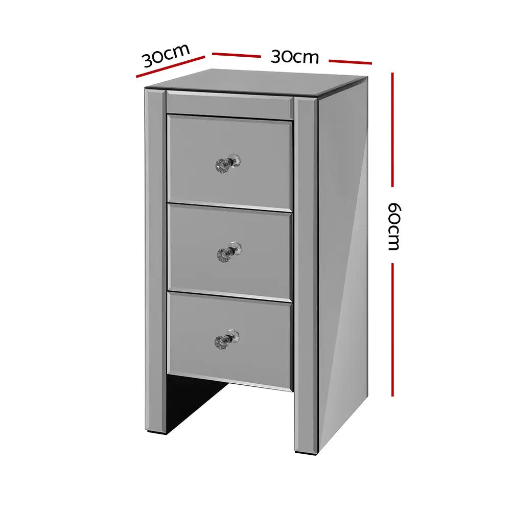 Artiss Bedside Table 3 Drawers Mirrored Glass - QUENN Grey - Furniture > Bedroom > Bedside Tables