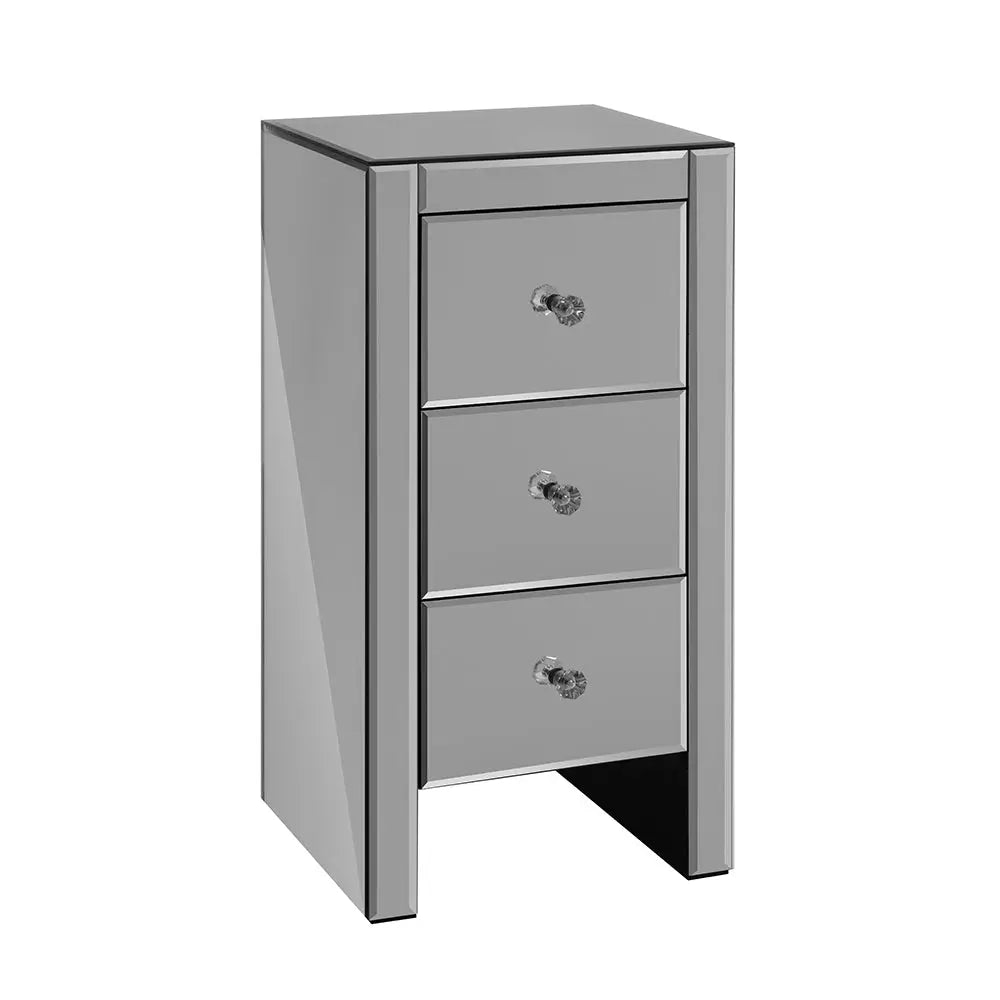 Artiss Bedside Table 3 Drawers Mirrored Glass - QUENN Grey - Furniture > Bedroom > Bedside Tables