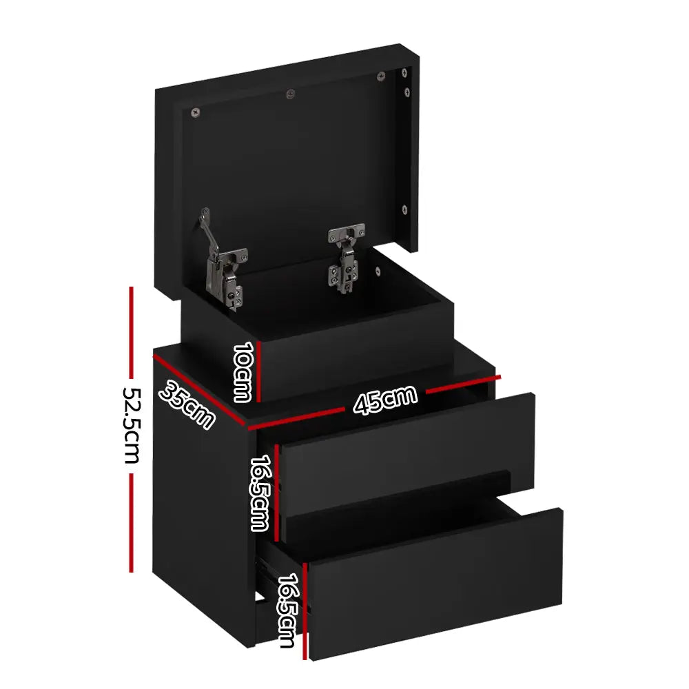 Artiss Bedside Table LED 2 Drawers Lift-up Storage - COLEY Black - Furniture > Bedroom