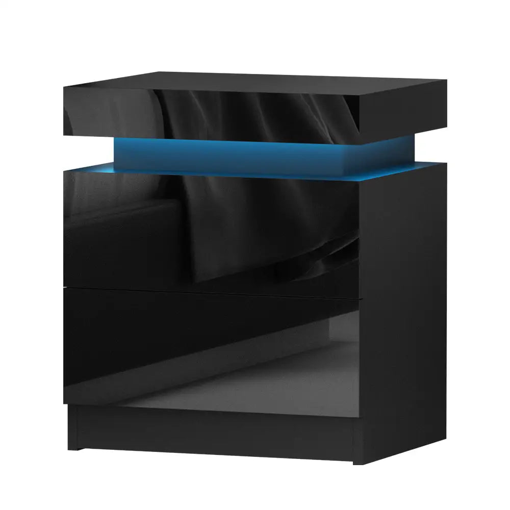 Artiss Bedside Table LED 2 Drawers Lift-up Storage - COLEY Black - Furniture > Bedroom