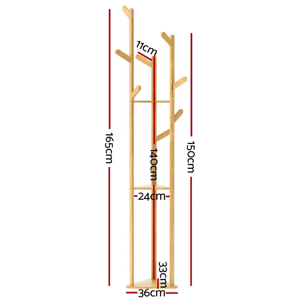 Artiss Clothes Rack Coat Stand 165cm 9 Hooks Tree Shelf Bamboo - Furniture > Bedroom
