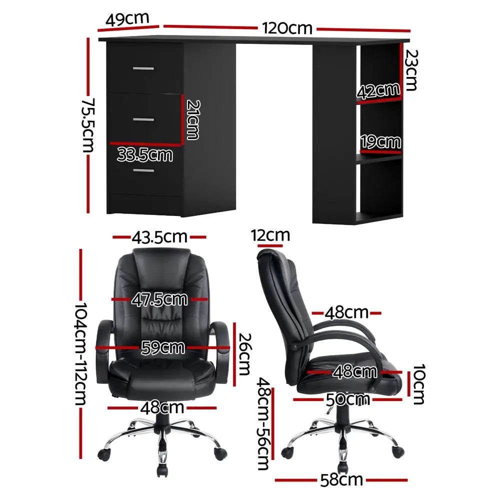 Artiss Computer Desk 120cm Executive Office Chair Set PU Leather High Back Black - Furniture > Office > Desks