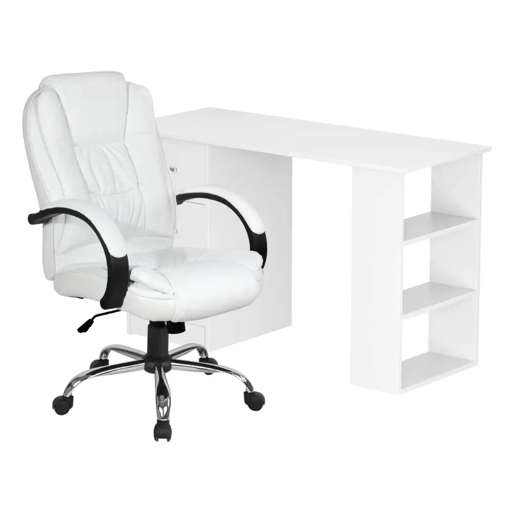 Artiss Computer Desk 120cm Executive Office Chair Set PU Leather High Back White - Furniture > Office > Desks