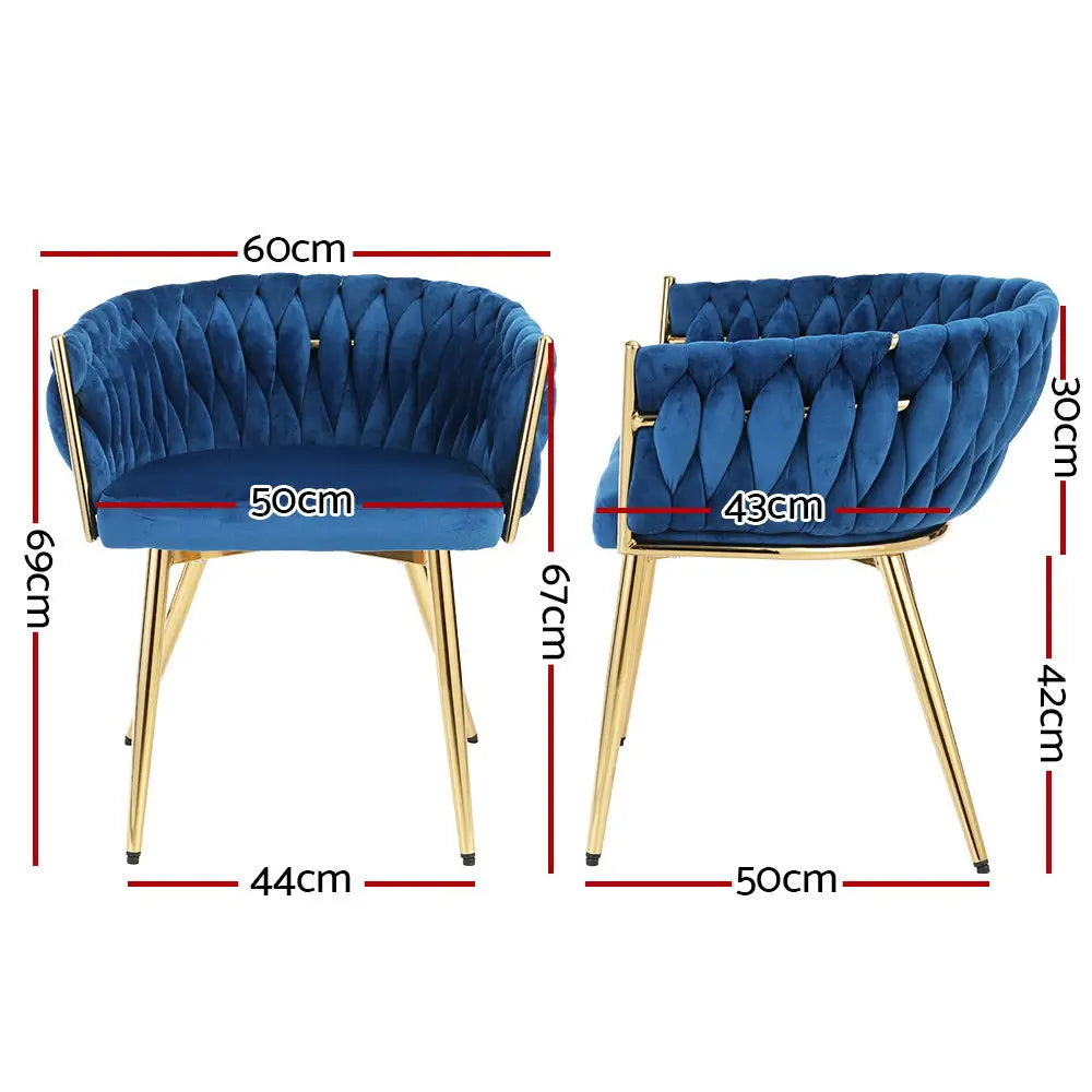 Artiss Dining Chair Cafe Chair Velvet Upholstered Woven Back Armrest Blue - Furniture > Dining