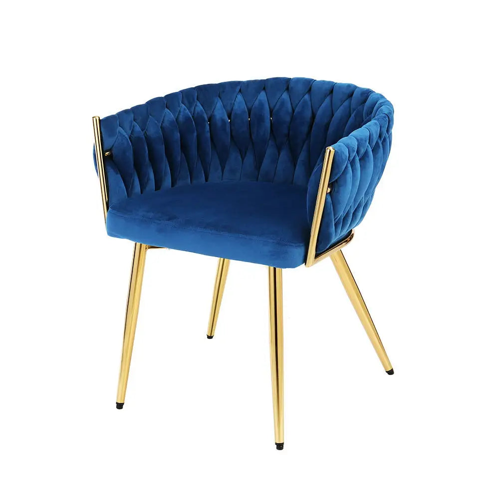 Artiss Dining Chair Cafe Chair Velvet Upholstered Woven Back Armrest Blue - Furniture > Dining