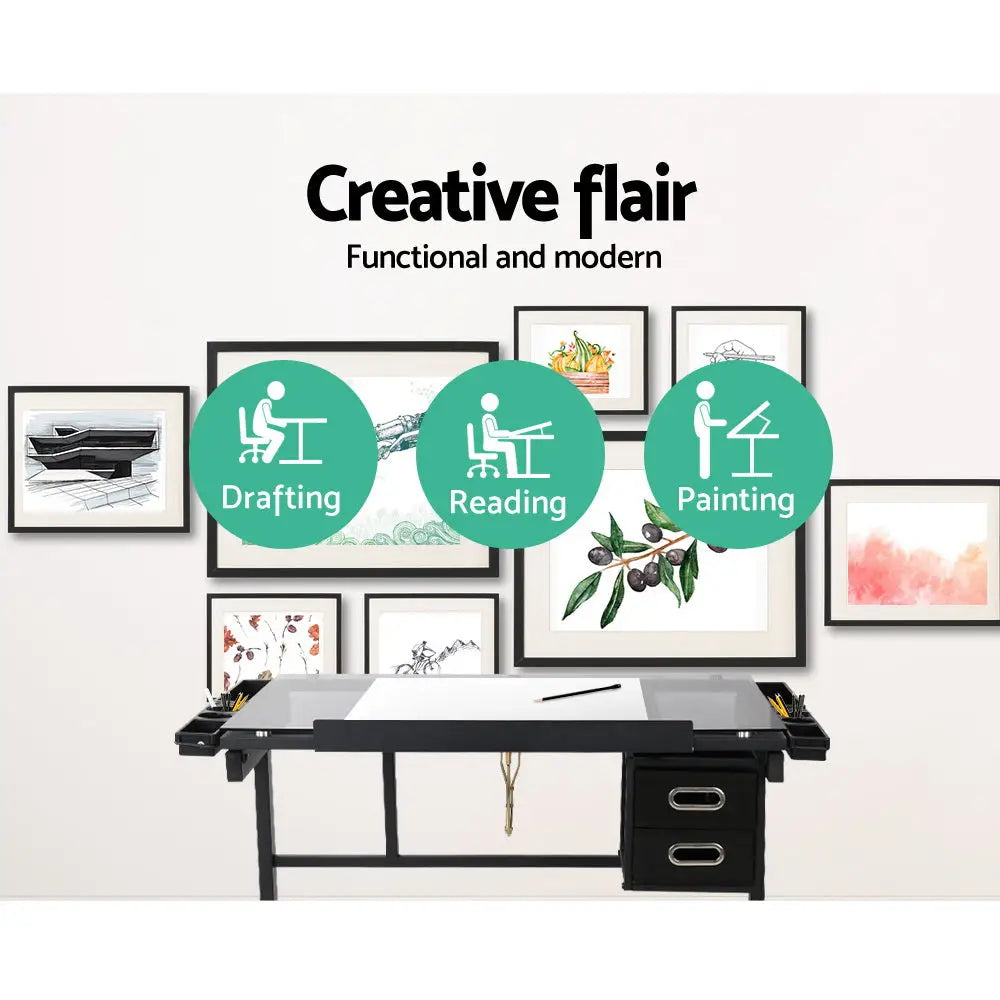 Artiss Drawing Desk Drafting Table Black - Furniture > Office