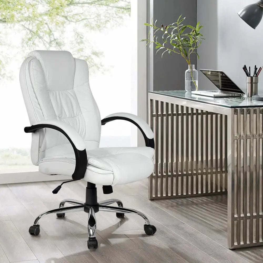Artiss Executive Office Chair Leather Tilt White - Furniture > Office