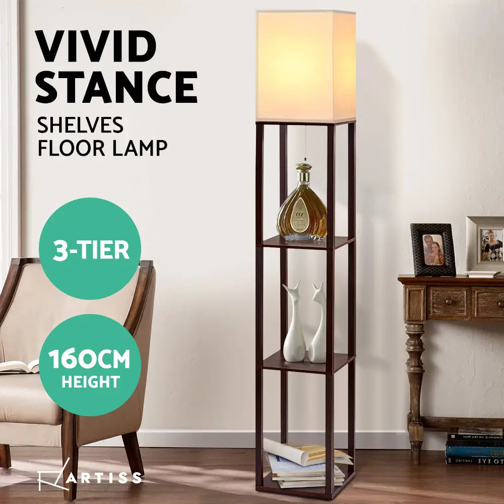 Artiss Floor Lamp 3 Tier Shelf Storage LED Light Stand Home Room Vintage White - Furniture > Bedroom