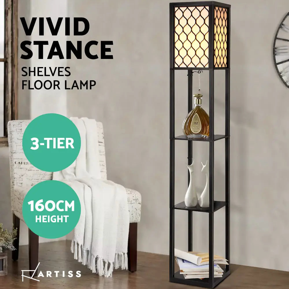 Artiss Floor Lamp 3 Tier Shelf Storage LED Light Stand Home Room Pattern Black - Furniture > Bedroom