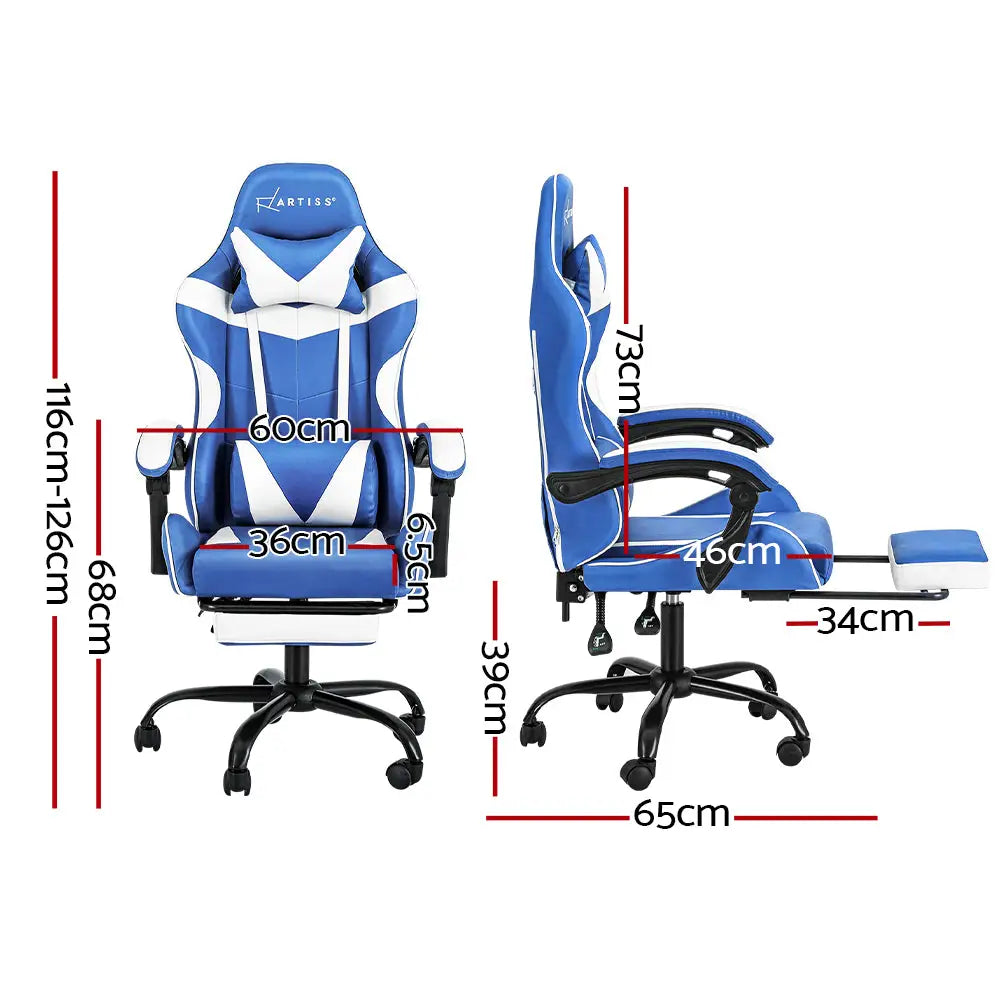 Artiss Gaming Office Chair Executive Computer Leather Chairs Footrest Blue White - Furniture > Office