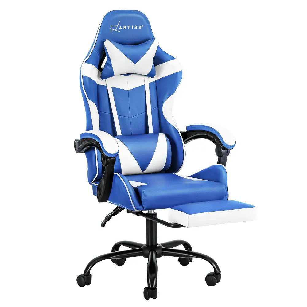 Artiss Gaming Office Chair Executive Computer Leather Chairs Footrest Blue White - Furniture > Office