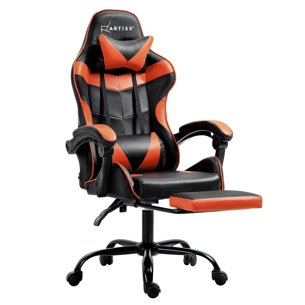 Artiss Gaming Office Chair Executive Computer Leather Chairs Footrest Orange - Furniture > Office