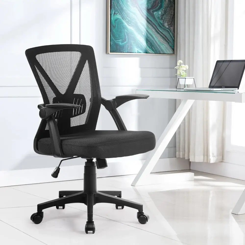 Artiss Mesh Office Chair Mid Back Black - Furniture > Office