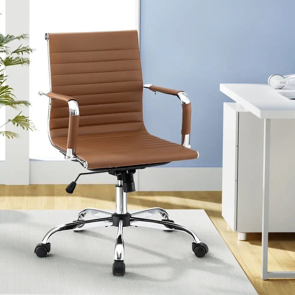 Artiss Office Chair Conference Chairs PU Leather Mid Back Brown - Furniture > Bar Stools & Chairs > Gaming Chairs