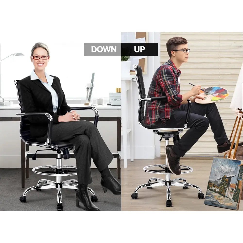 Artiss Office Chair Drafting Stool Leather Chairs Black - Furniture > Office