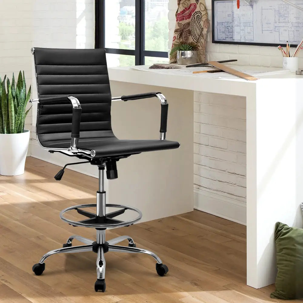 Artiss Office Chair Drafting Stool Leather Chairs Black - Furniture > Office