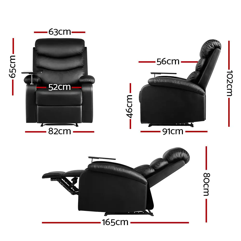 Artiss Recliner Chair Leather Black Tray Table Erika - Furniture > Living Room