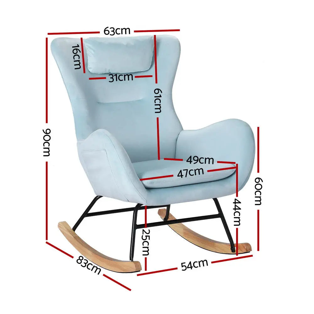 Artiss Rocking Chair Velvet Armchair Feeding Chair Blue - Furniture > Bar Stools & Chairs