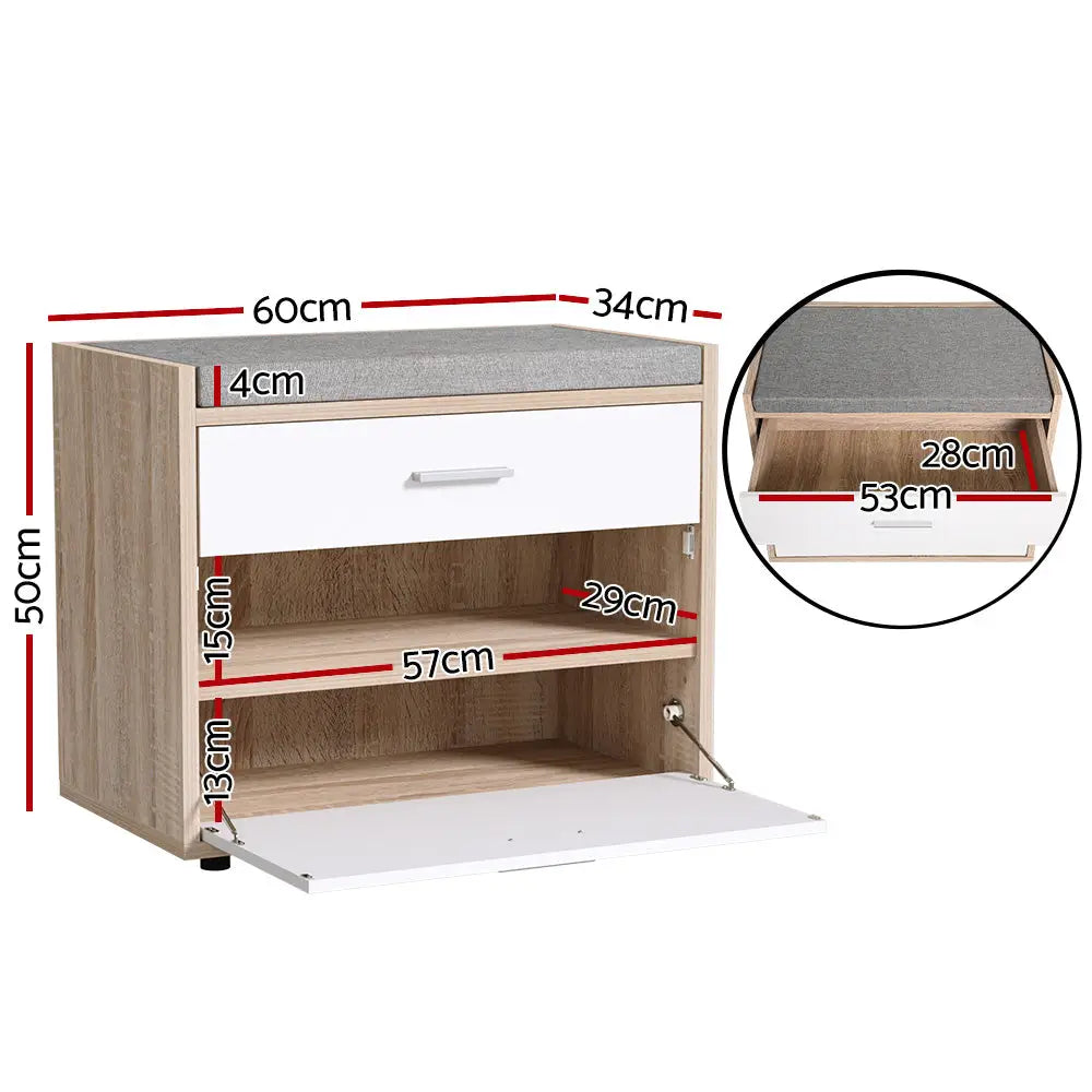 Artiss Shoe Cabinet Bench Shoes Storage Organiser Rack Fabric Seat Wooden Cupboard Up to 8 pairs - Furniture > Living