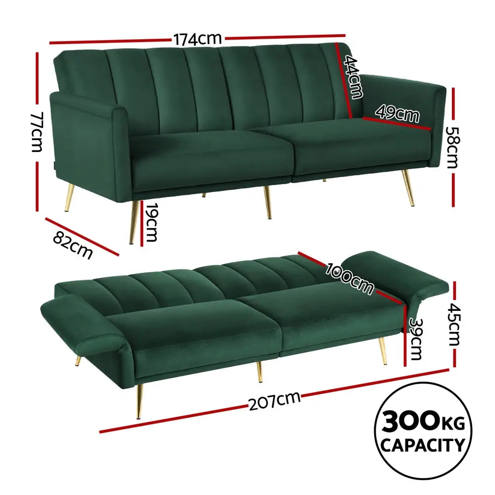 Artiss Sofa Bed 3 Seater Couch Convertible Lounge Adjustable Arm Recliner Velvet - Furniture > Sofas > Sofas & Sofa Beds