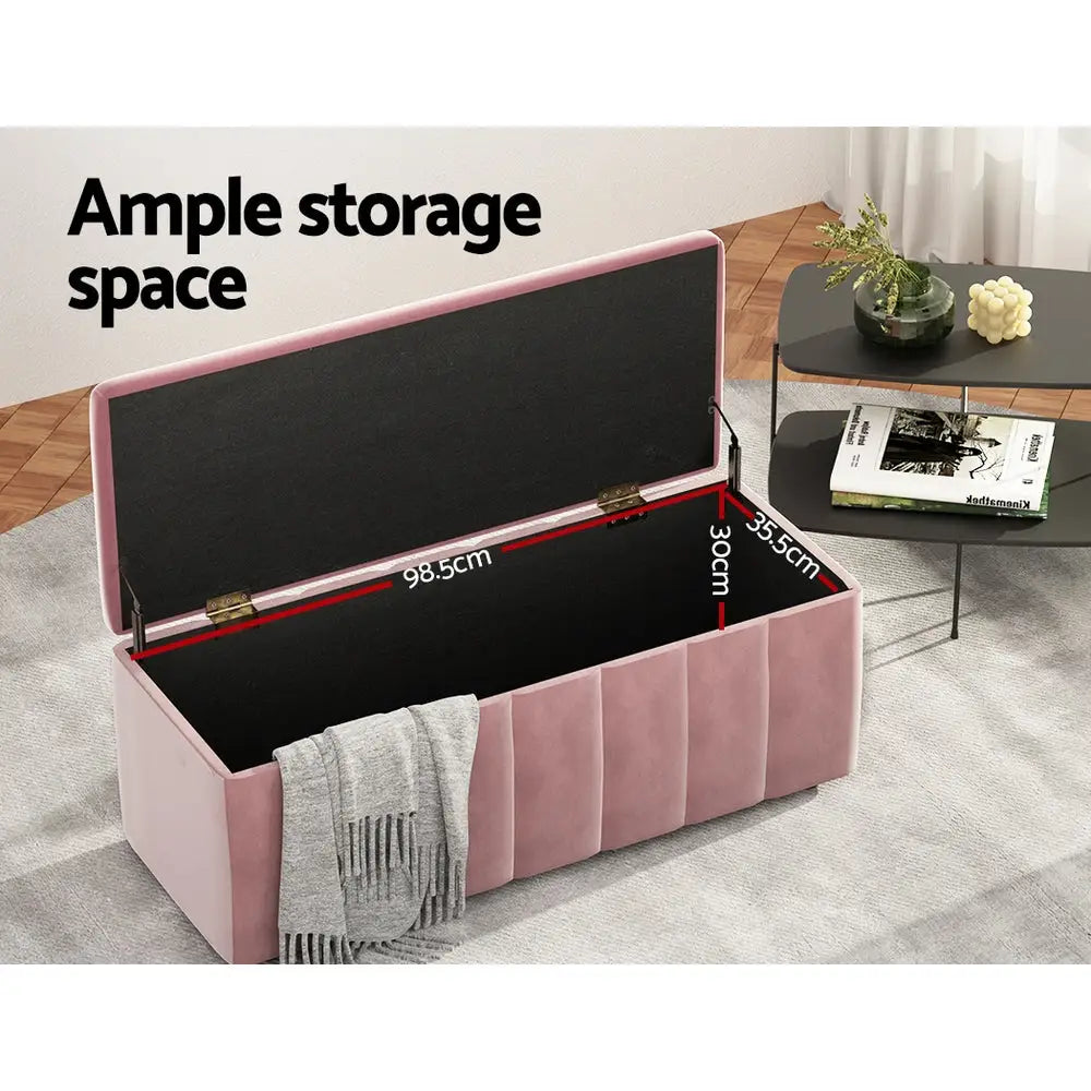 Artiss Storage Ottoman Blanket Box 103cm Velvet Pink - Home & Garden > Storage