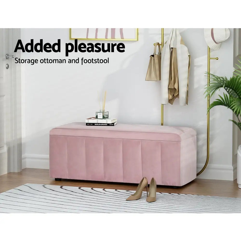 Artiss Storage Ottoman Blanket Box 103cm Velvet Pink - Home & Garden > Storage