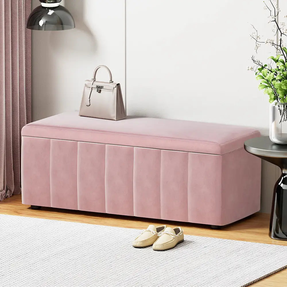 Artiss Storage Ottoman Blanket Box 103cm Velvet Pink - Home & Garden > Storage