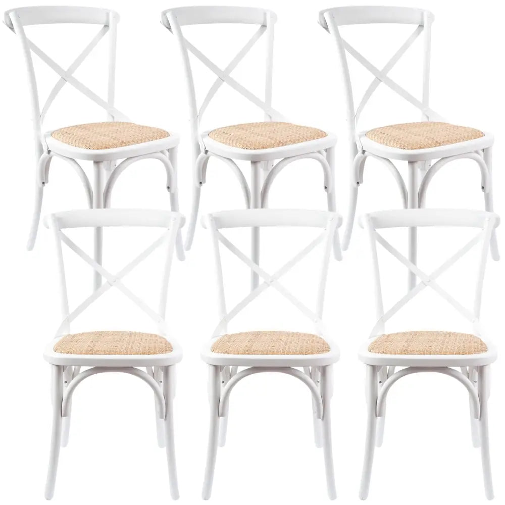Aster Crossback Dining Chair Set of 6 Solid Birch Timber Wood Ratan Seat - White - Furniture > Dining