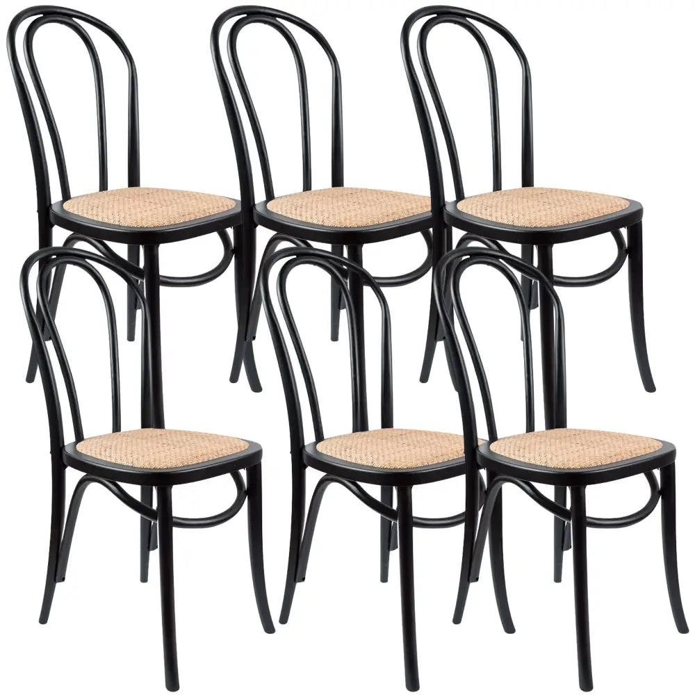 Azalea Arched Back Dining Chair 6 Set Solid Elm Timber Wood Rattan Seat - Black - Furniture > Dining