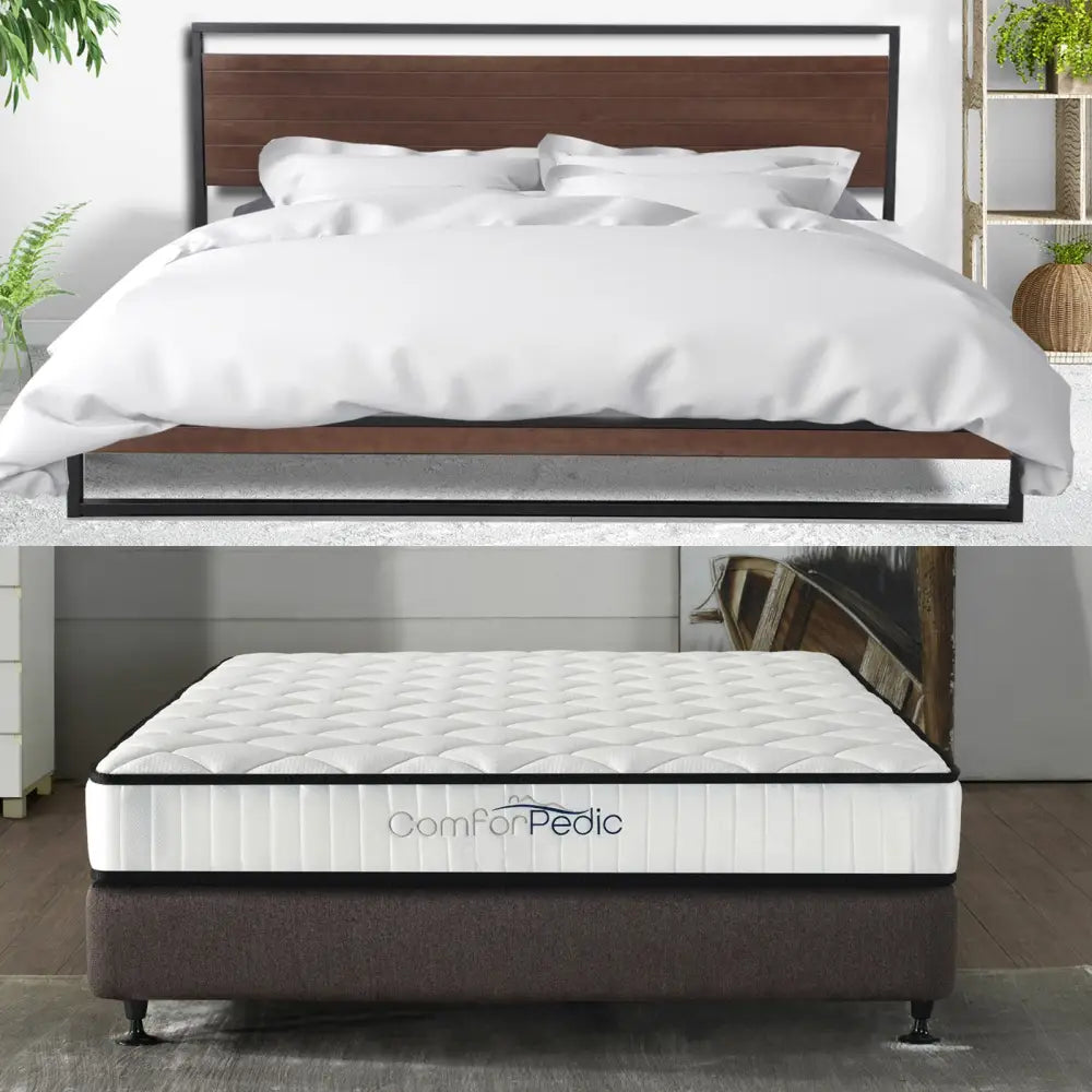 Azure Wood Bed Frame With Comforpedic Mattress Package Deal Bedroom Set - Single - White Brown - Furniture > Bedroom >