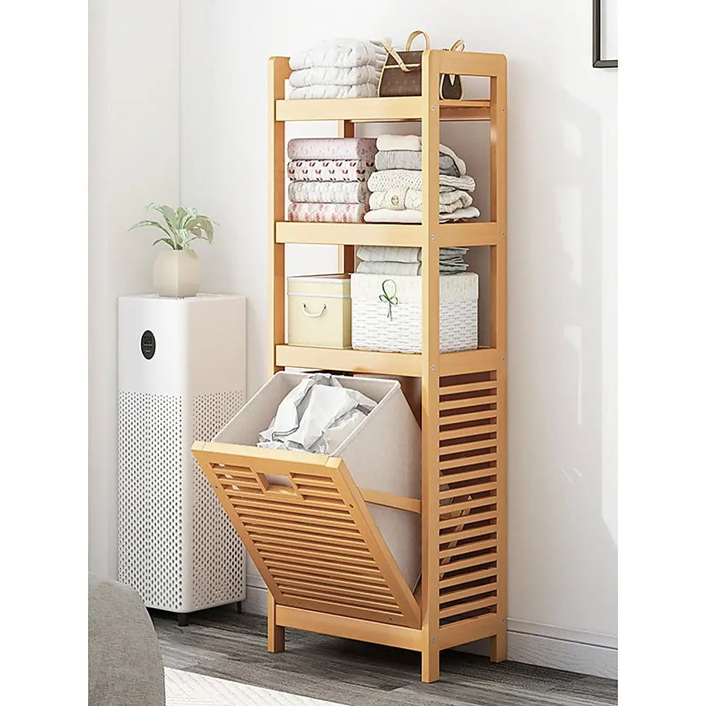 Bamboo 2-in-1 Laundry Hamper with 2 Shelves and Clothes Basket - Furniture > Office