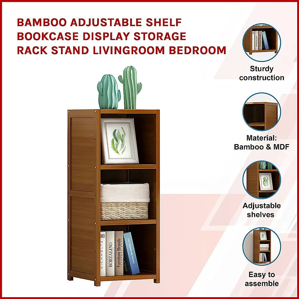 Bamboo Adjustable Shelf Bookcase Display Storage Rack Stand Livingroom Bedroom - Furniture > Office