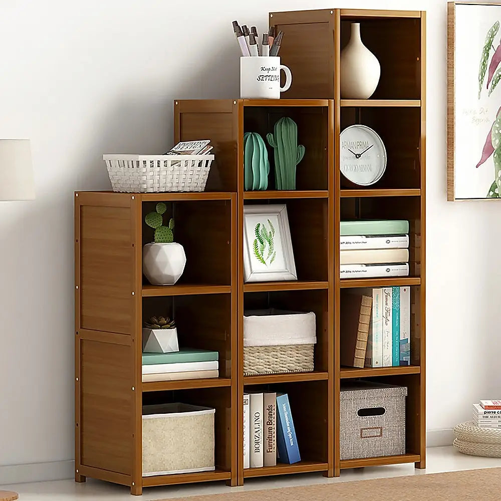 Bamboo Adjustable Shelf Bookcase Display Storage Rack Stand Livingroom Bedroom Set - Furniture > Office