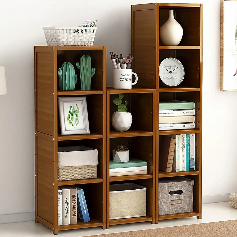 Bamboo Adjustable Shelf Bookcase Display Storage Rack Stand Livingroom Bedroom Set - Furniture > Office