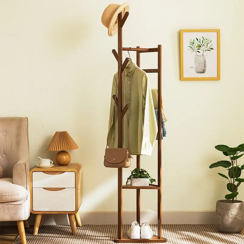 Bamboo Clothes Coat Rack Garment Stand Shelf Tree Hanger Bag Hat Hook Holder Dark Brown - Furniture > Office