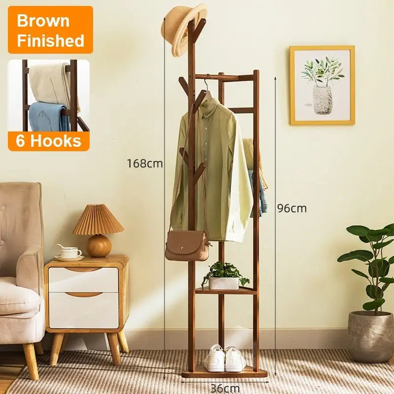 Bamboo Clothes Coat Rack Garment Stand Shelf Tree Hanger Bag Hat Hook Holder Dark Brown - Furniture > Office
